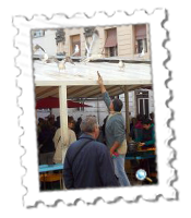 A fish merchant attempts to pacify a bad-tempered seagull at a Split market