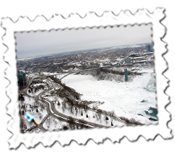 View from the Skylon Tower of the American Falls and Rainbow Bridge at Niagara
