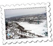 View from the Skylon Tower of the American Falls and Rainbow Bridge at Niagara
