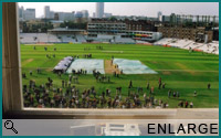 The B.B.C commentary box in the Lord's Media Centre for the NatWest quarter-final between Middlesex and Hampshire in 2000 for