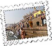 People taking ablutions in the Ganges at a Varanasi ghat