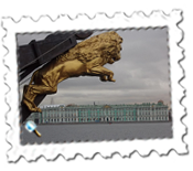 A lion from a clipper boat presides over the Hermitage at St Petersburg