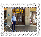 Happy days again. Outside the Hotel Fornos in Barcelona.