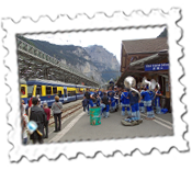 A band plays at Lauterbrunnen Railway Station after the Jungfrau Marathon